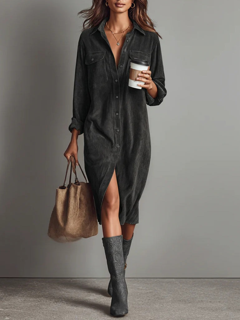 Béatrice | Corduroy Midi Dress with Pockets and Single Breasting
