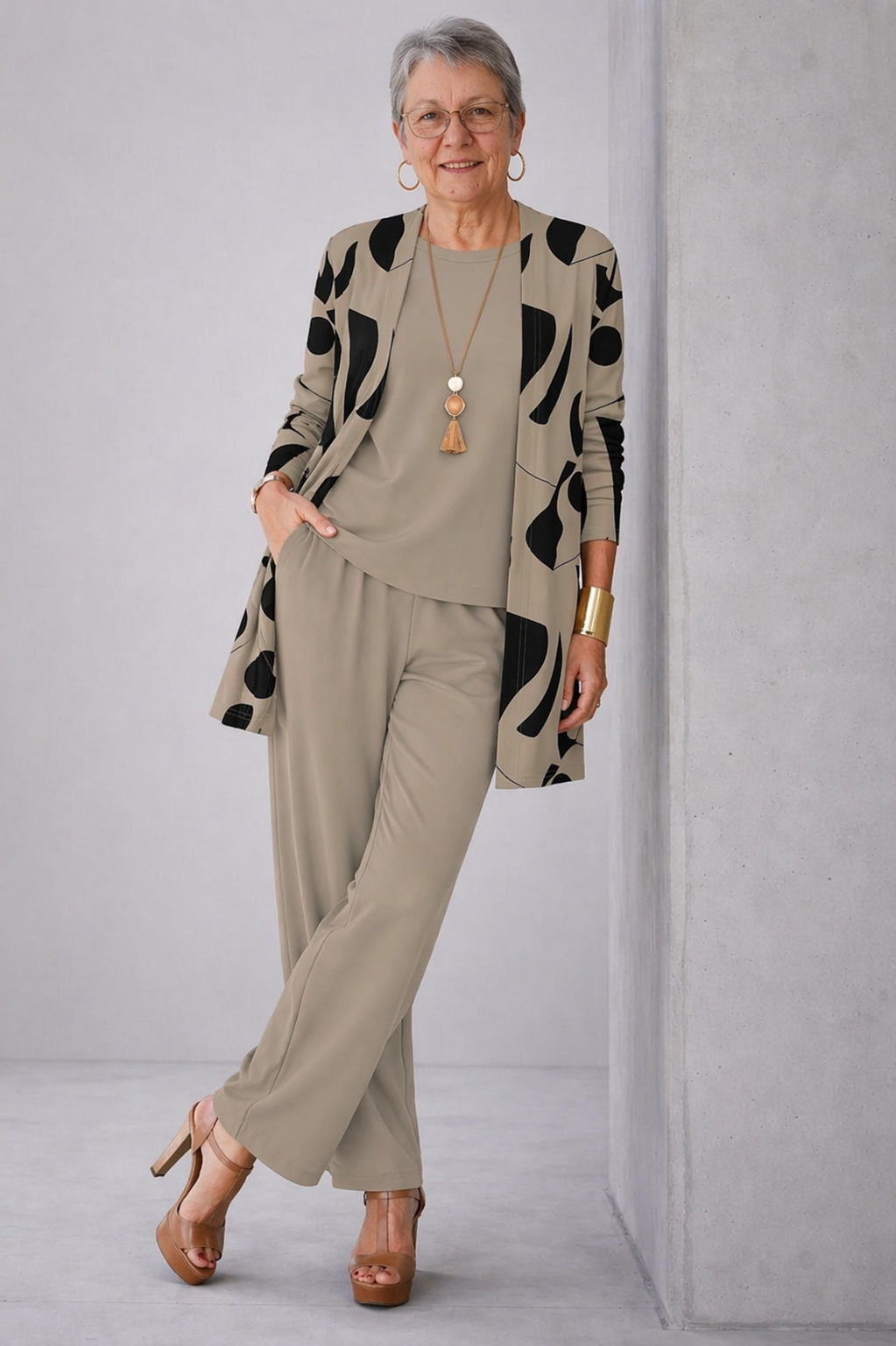 Dorothy | Patterned Cardigan Top and Wide-Leg Pants Three-Piece Set