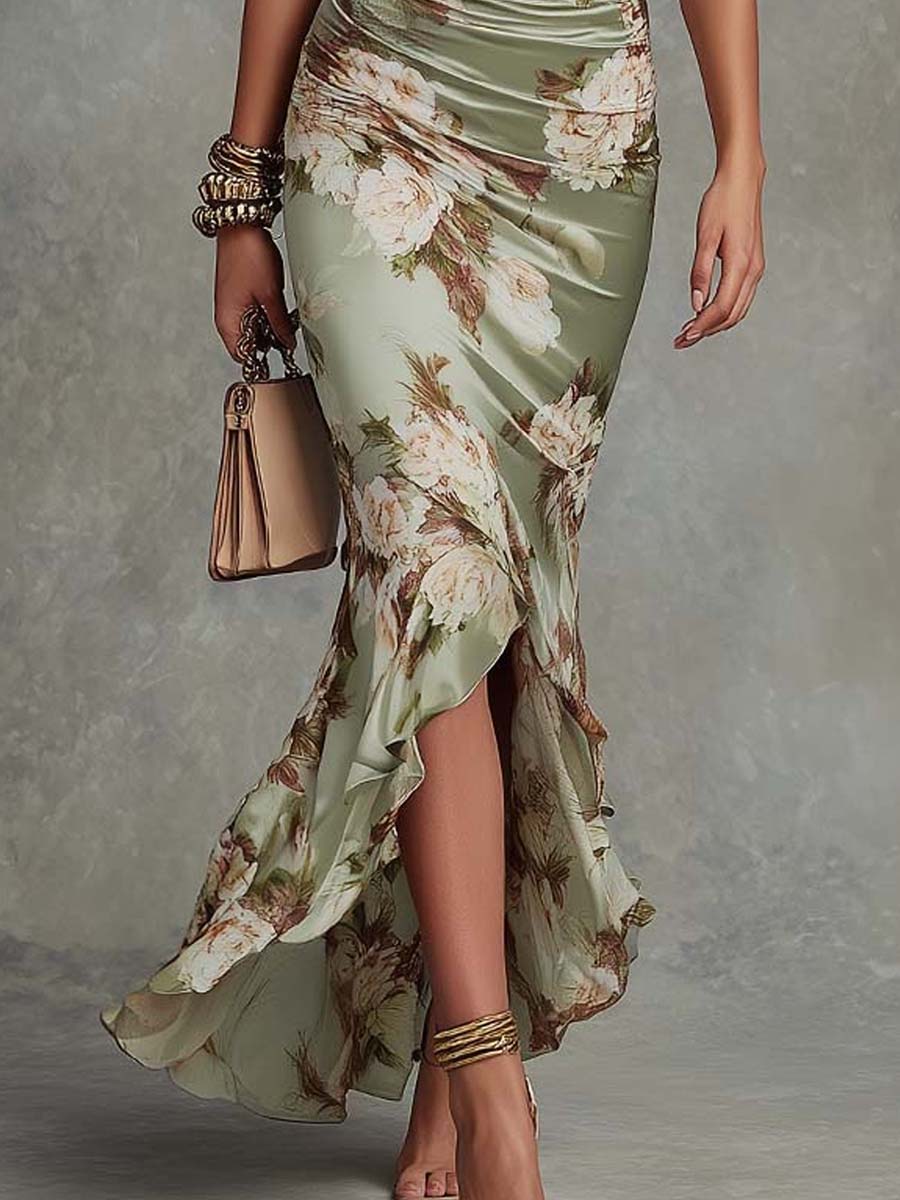 Caitlin | Long Satin Dress with Floral Print