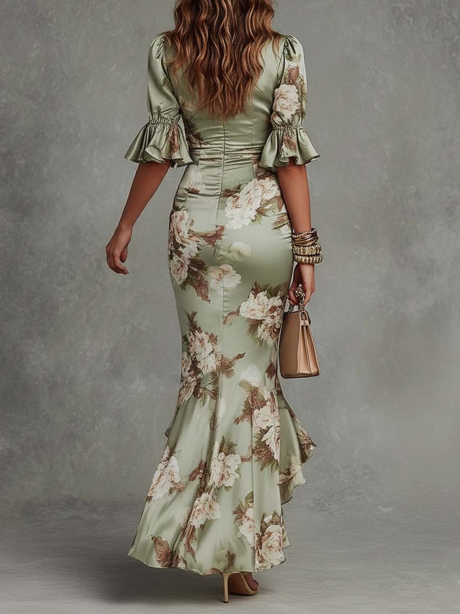 Caitlin | Long Satin Dress with Floral Print