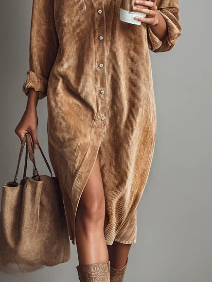 Béatrice | Corduroy Midi Dress with Pockets and Single Breasting