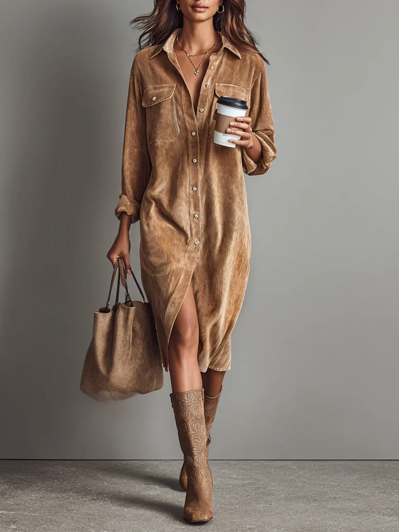 Béatrice | Corduroy Midi Dress with Pockets and Single Breasting