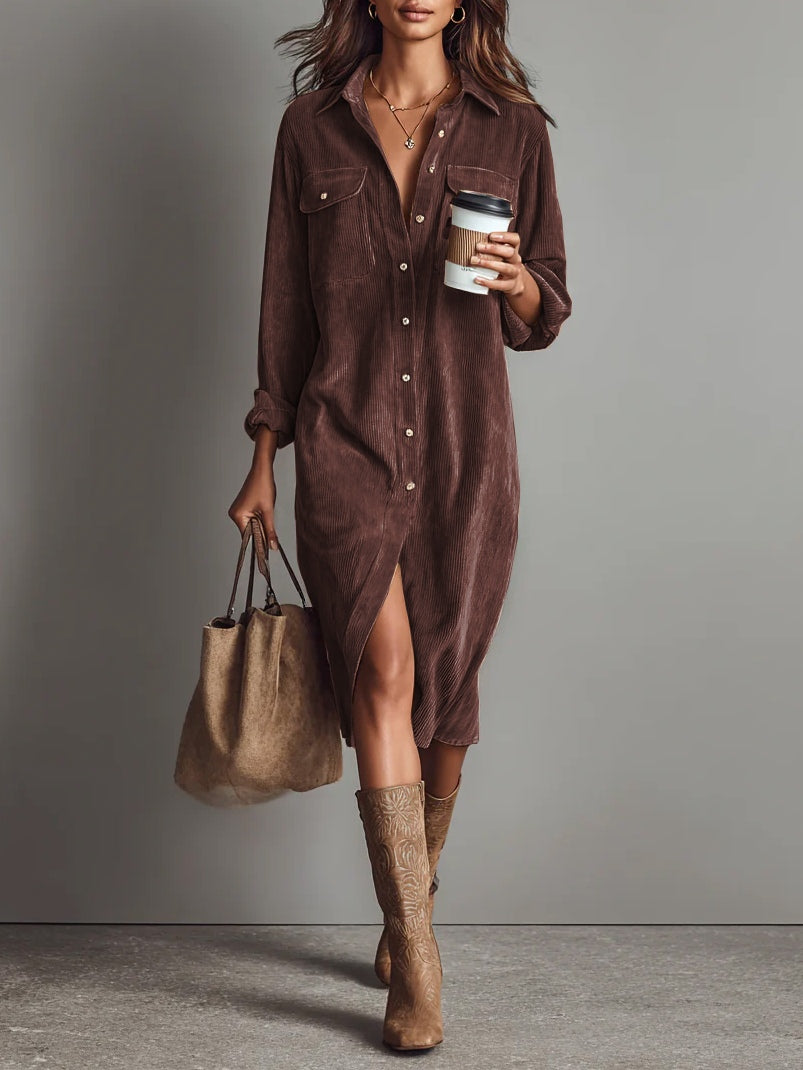 Béatrice | Corduroy Midi Dress with Pockets and Single Breasting