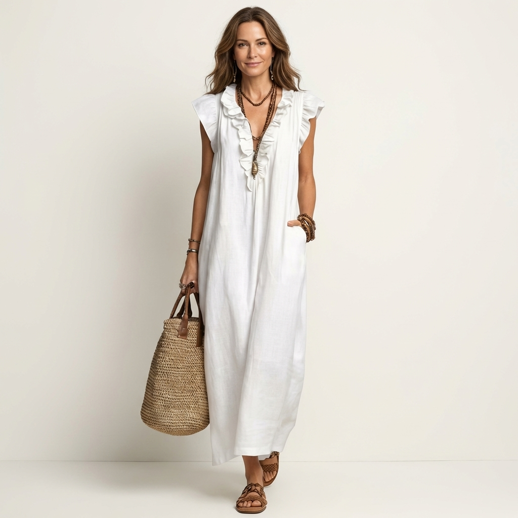 Mia | Ruffle V-Neck Linen Maxi Dress