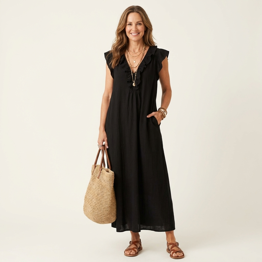 Mia | Ruffle V-Neck Linen Maxi Dress
