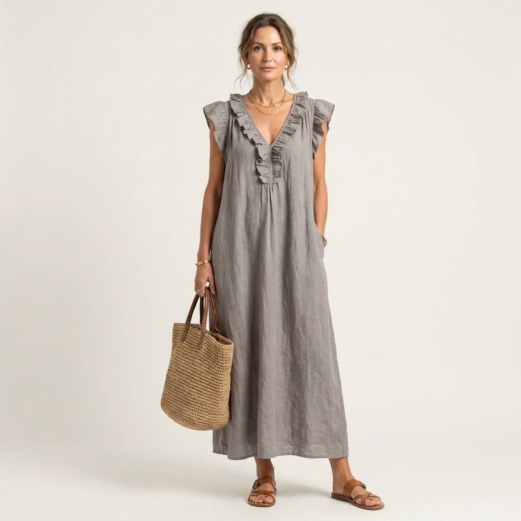 Mia | Ruffle V-Neck Linen Maxi Dress