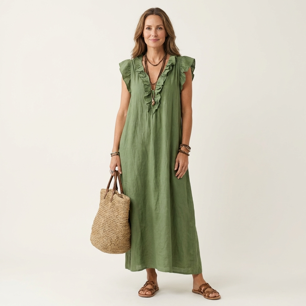Mia | Ruffle V-Neck Linen Maxi Dress