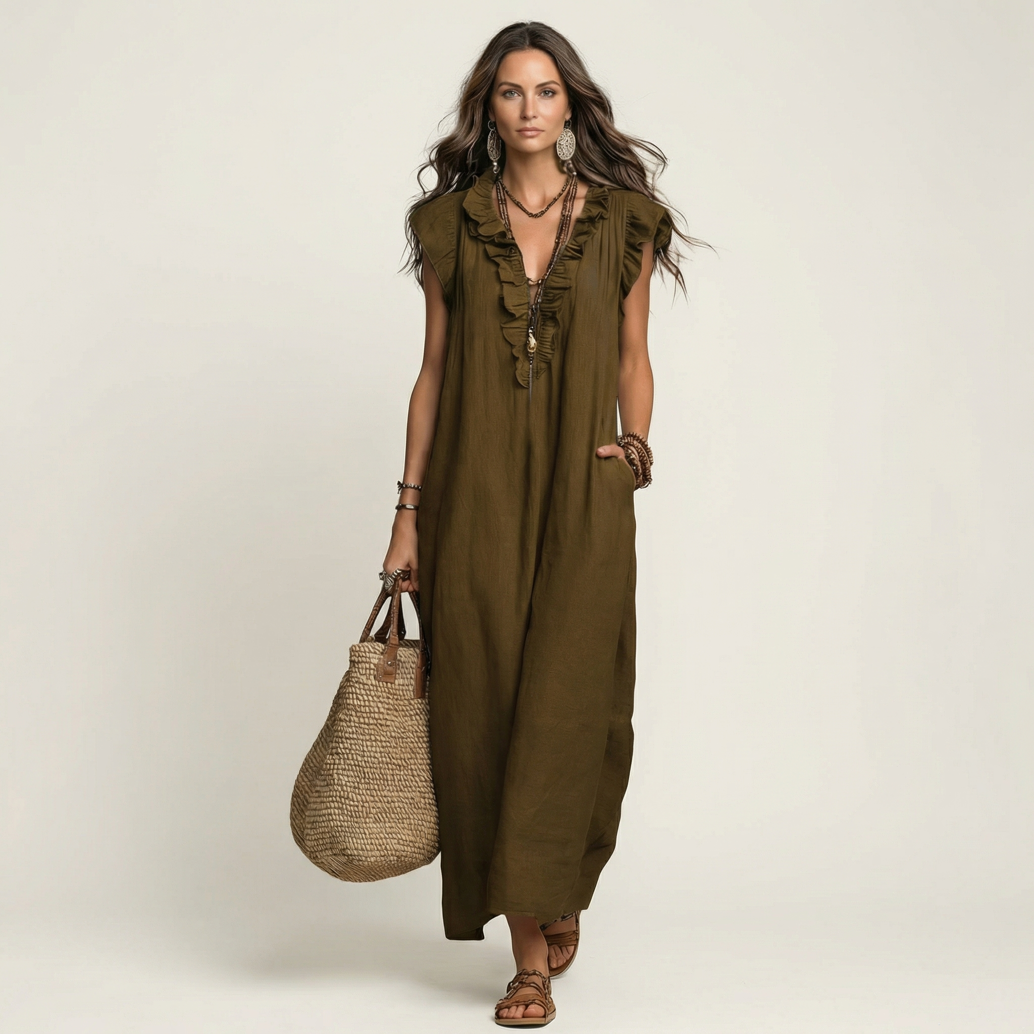 Mia | Ruffle V-Neck Linen Maxi Dress
