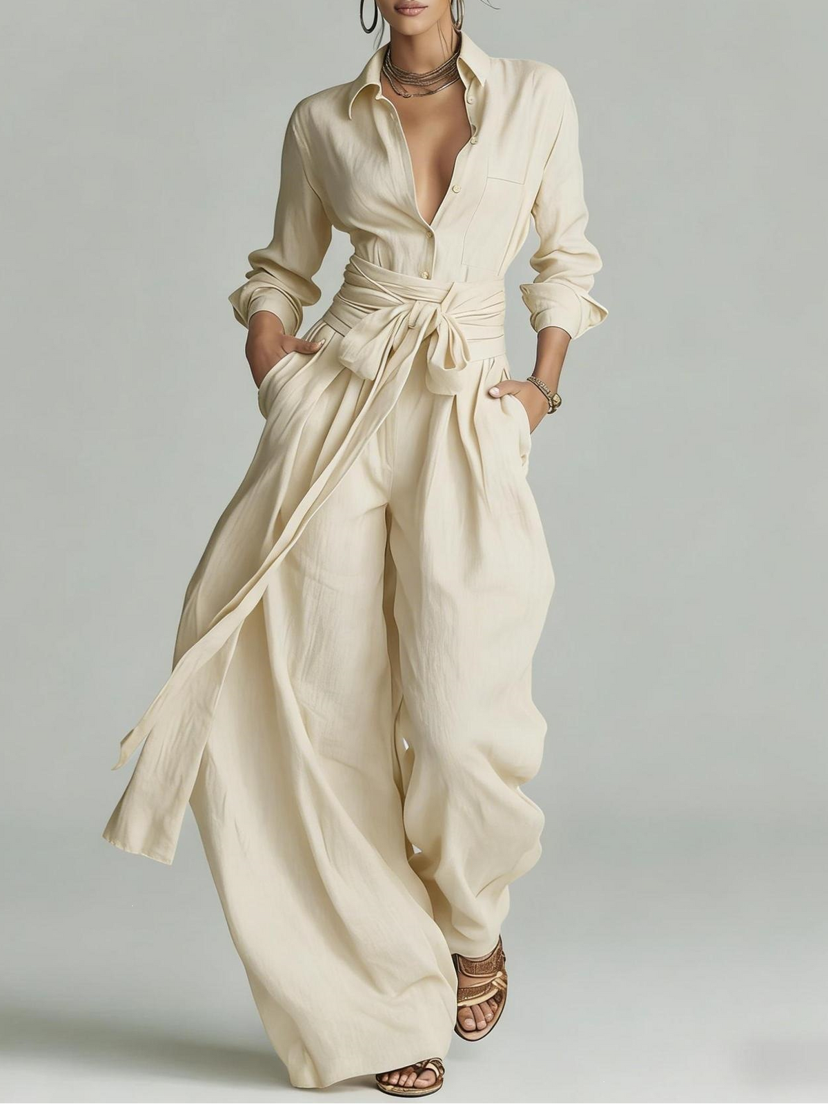 Betty | Tie-Waist Shirt and Wide-Leg Pants Two-Piece Set for Women