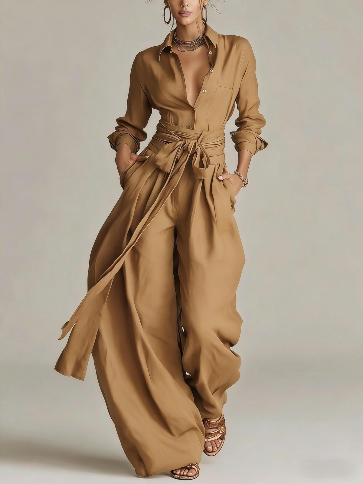 Betty | Tie-Waist Shirt and Wide-Leg Pants Two-Piece Set for Women