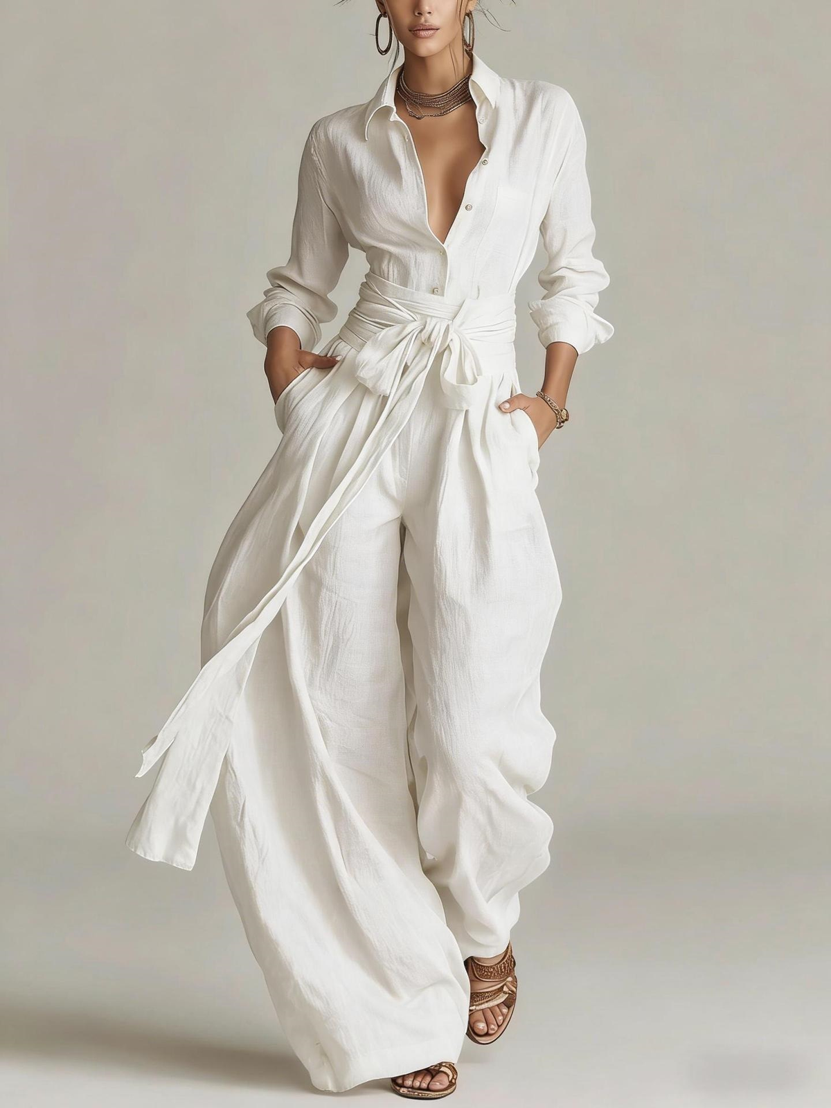 Betty | Tie-Waist Shirt and Wide-Leg Pants Two-Piece Set for Women