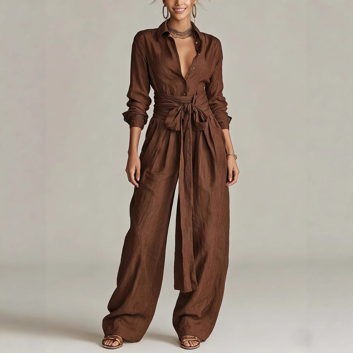 Betty | Tie-Waist Shirt and Wide-Leg Pants Two-Piece Set for Women