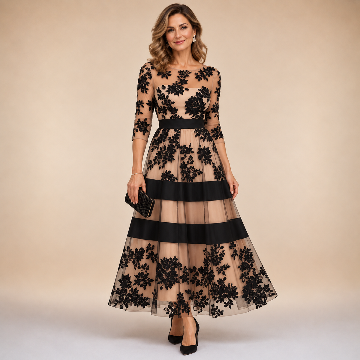 Aubrey™ Floral Lace Midi Evening Dress