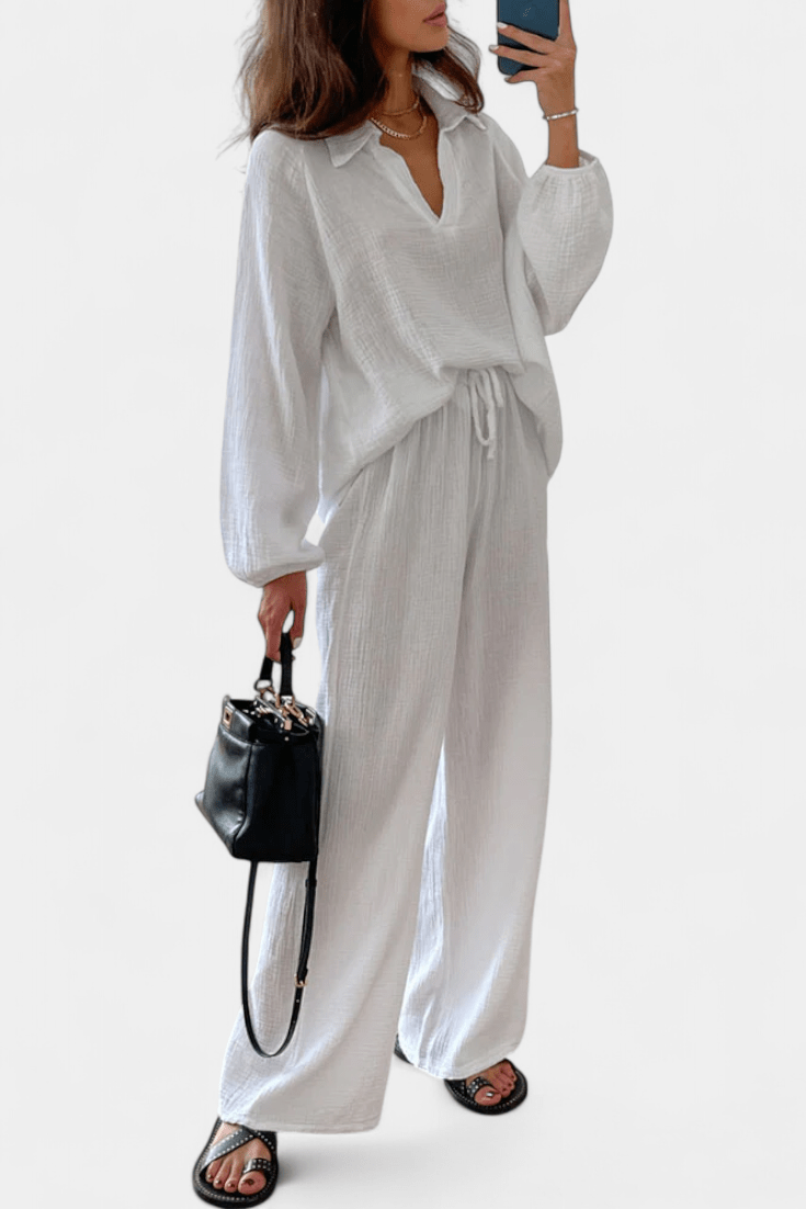 Kendra | V-Neck Long-Sleeve Wide-Leg Two-Piece Set for Women