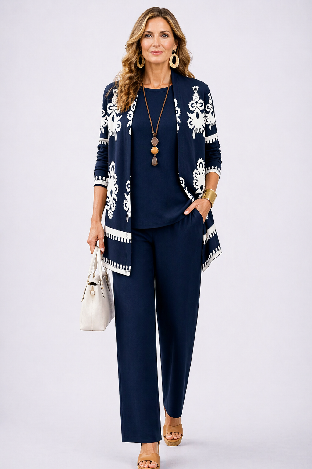 Grace | Patterned Cardigan Top and Wide-Leg Pants Three-Piece Set for Women