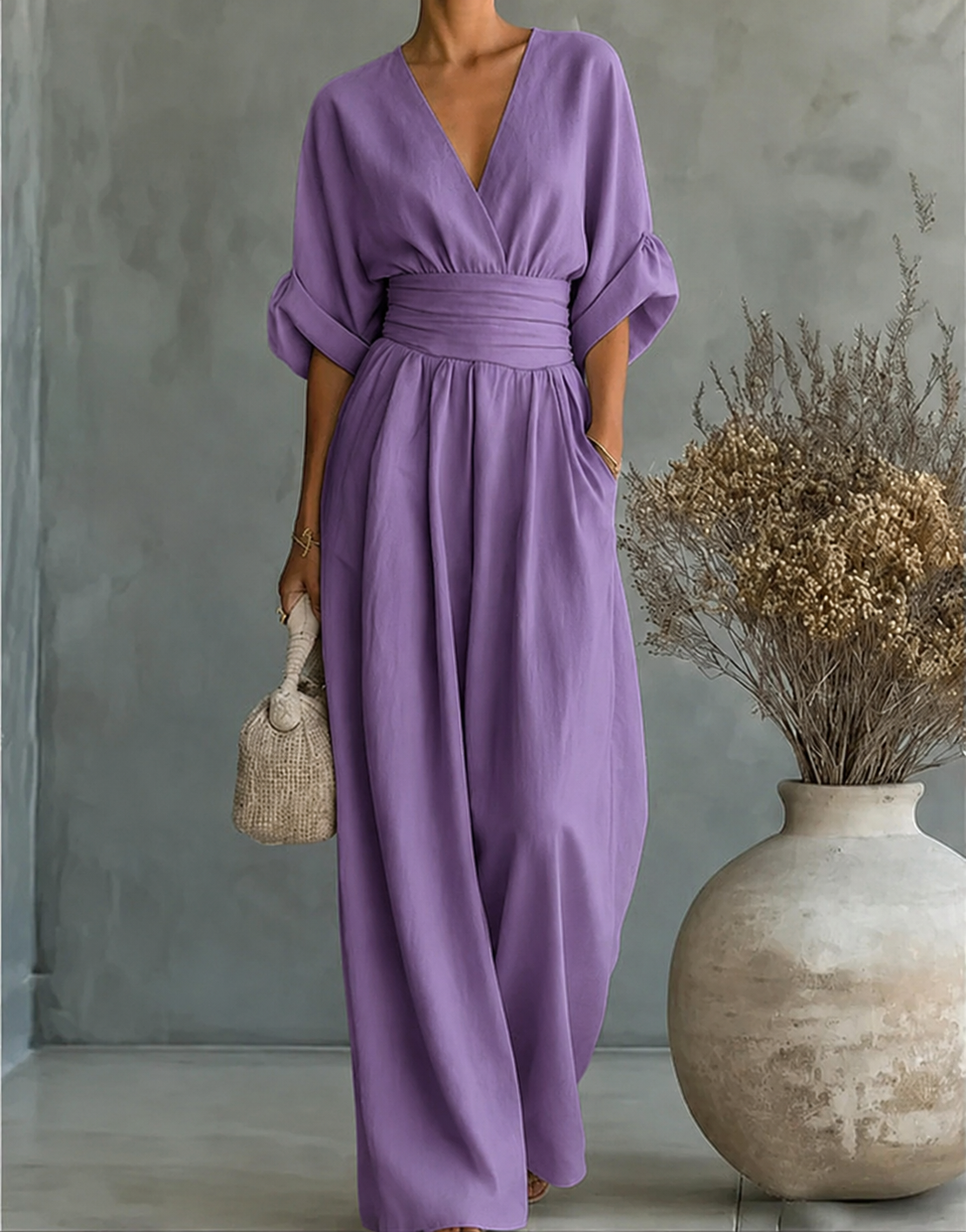 Elise | Deep V-Neck Wide-Leg Jumpsuit for Women