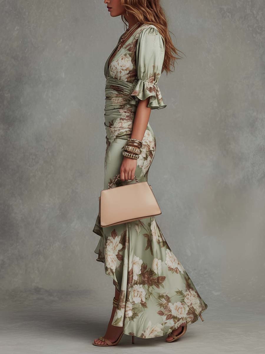 Caitlin | Long Satin Dress with Floral Print