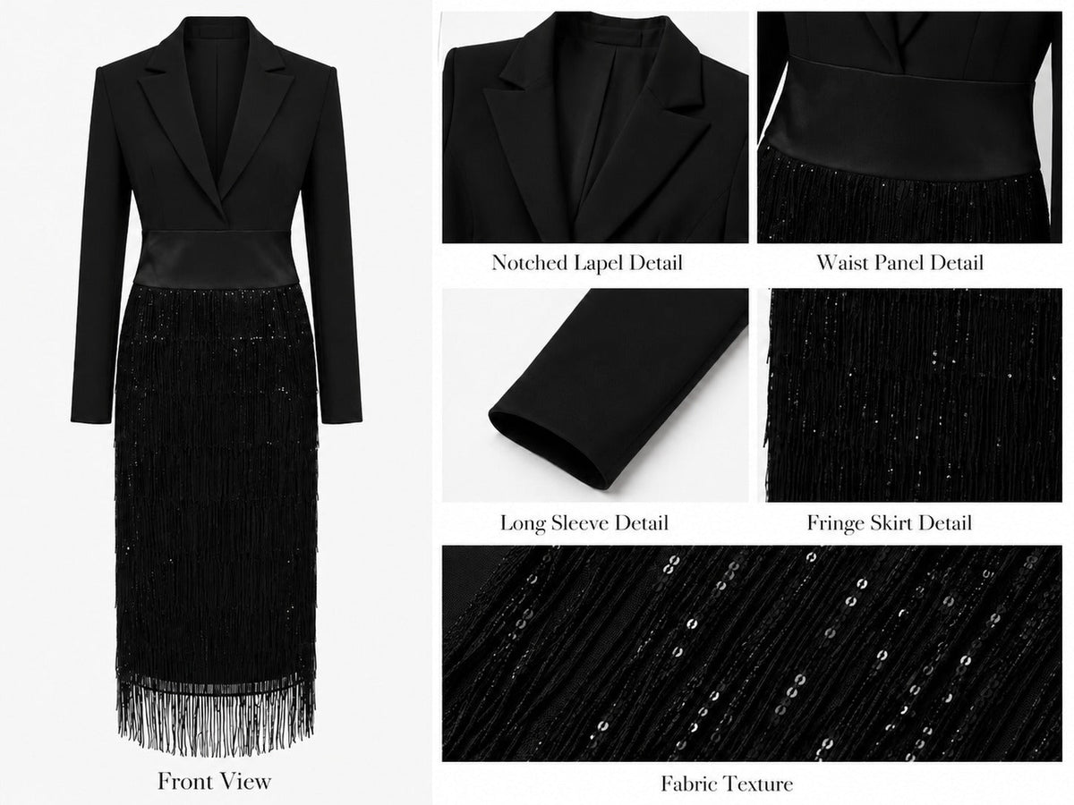 Lorena | Black Blazer-Style Midi Dress with Sequin Fringe