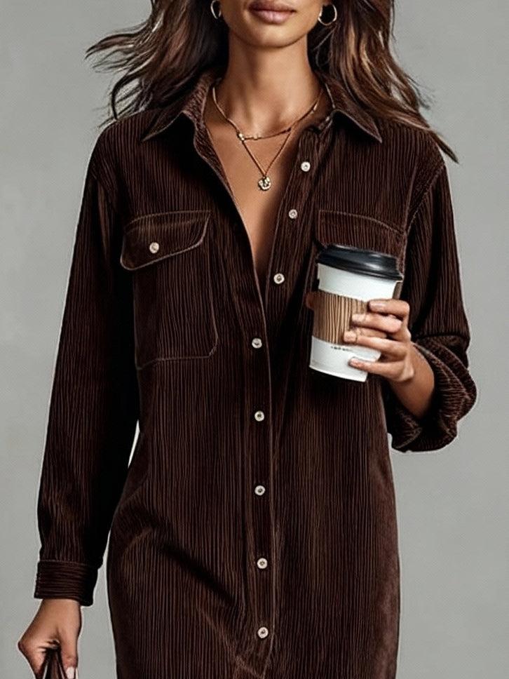 Béatrice | Corduroy Midi Dress with Pockets and Single Breasting