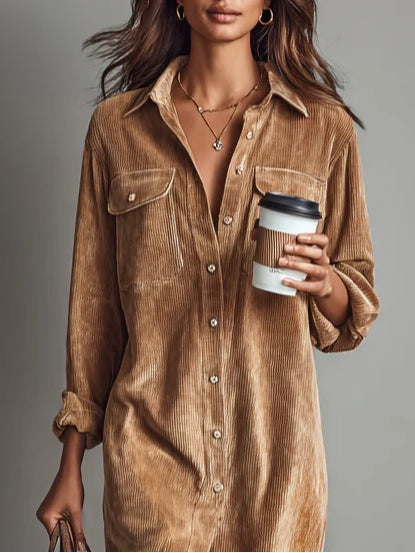 Béatrice | Corduroy Midi Dress with Pockets and Single Breasting