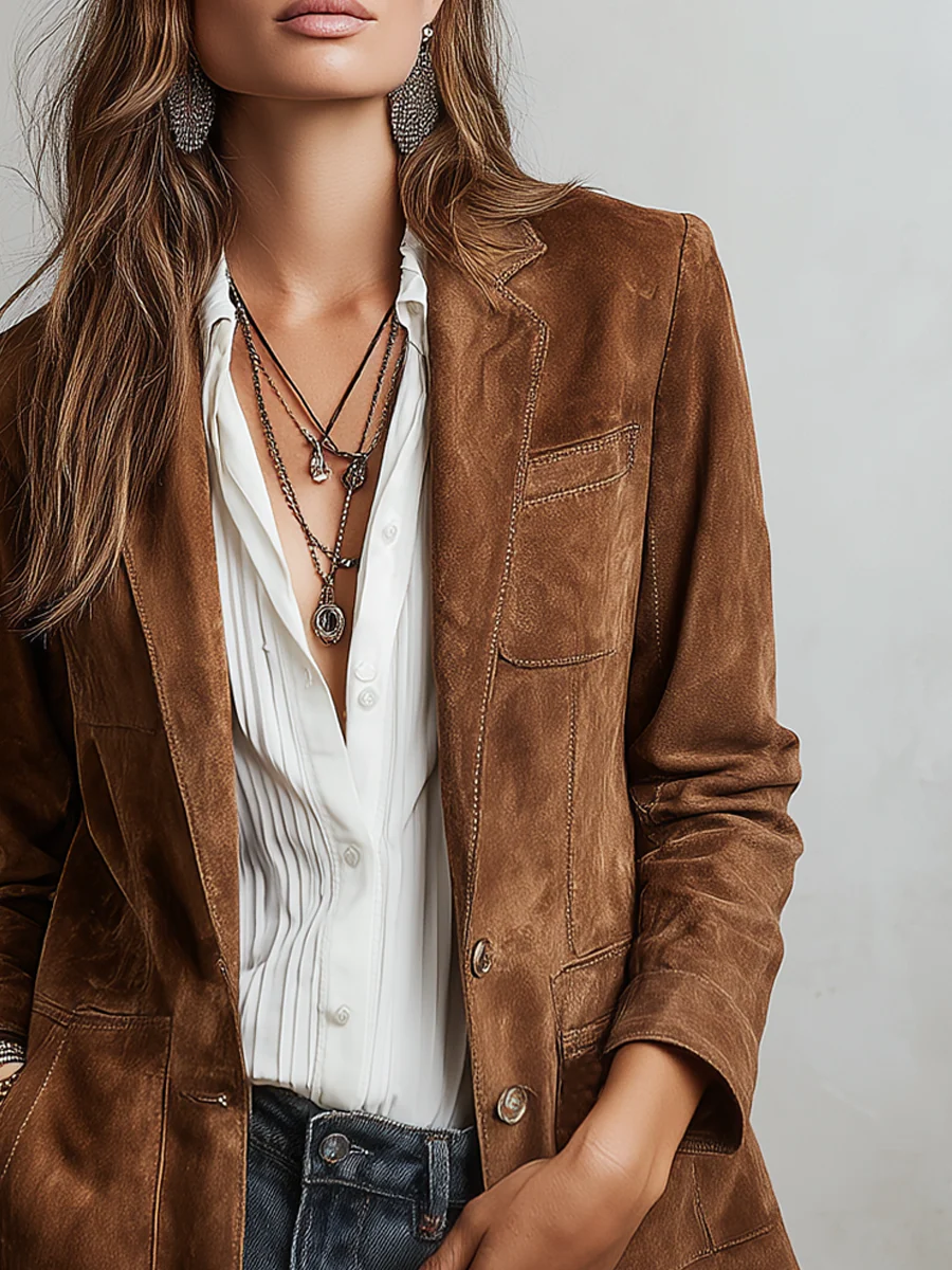 Verona | Brown Contrast-Stitch Tailored Blazer for Women