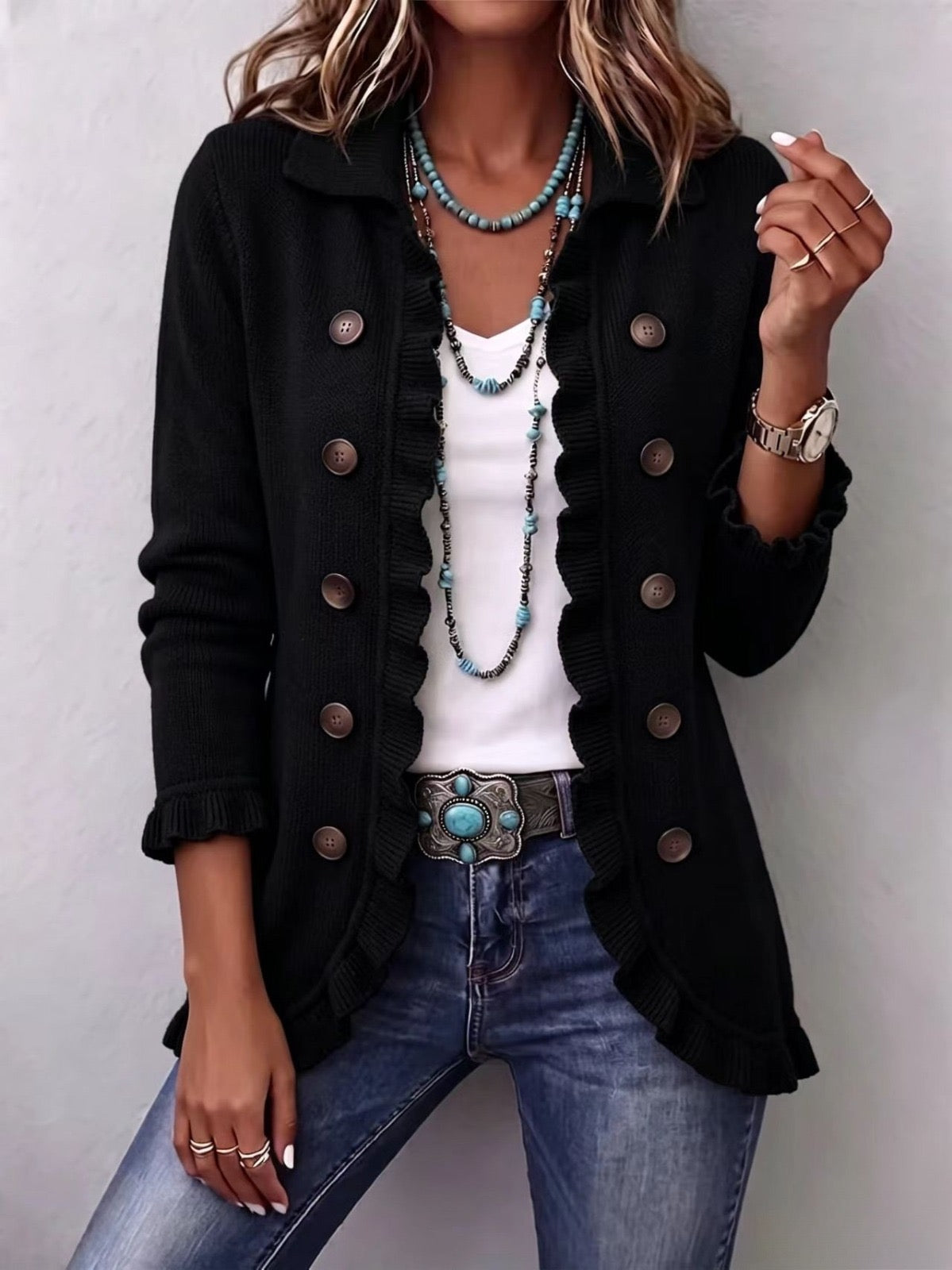 Camille | Ribbed Knit Ruffle Jacket for Women