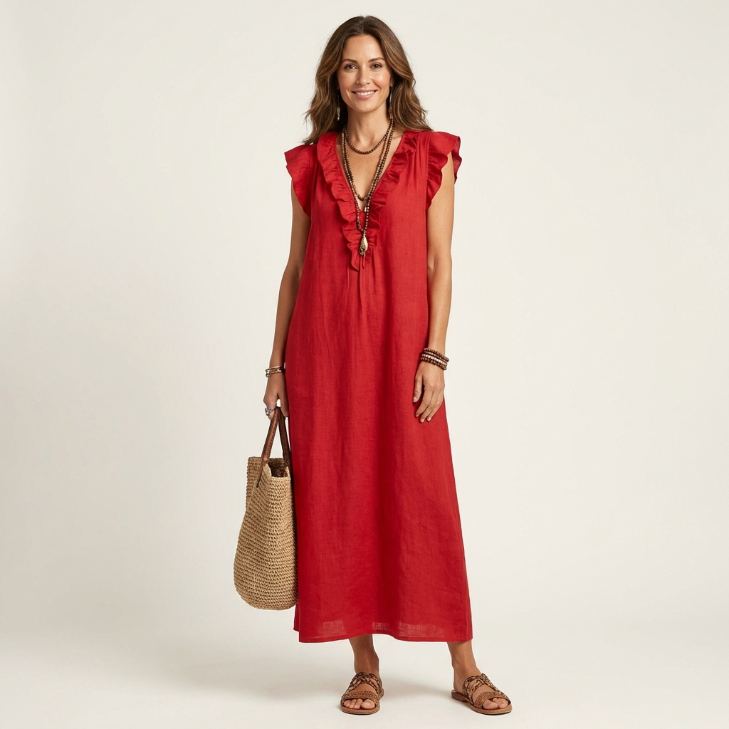 Mia | Ruffle V-Neck Linen Maxi Dress