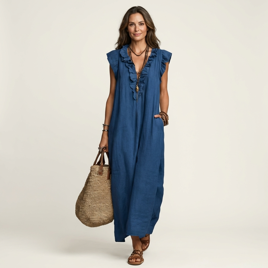 Mia | Ruffle V-Neck Linen Maxi Dress