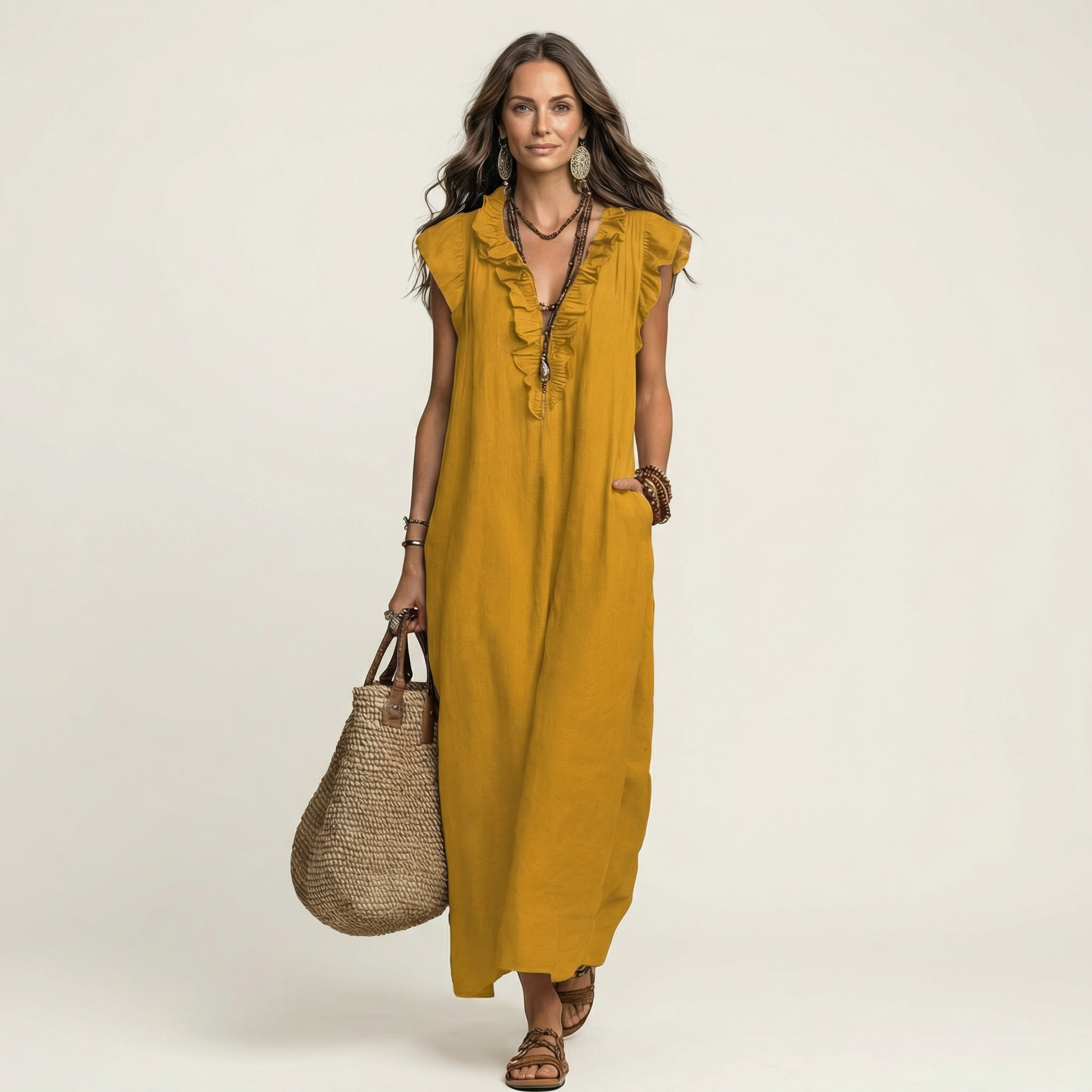 Mia | Ruffle V-Neck Linen Maxi Dress