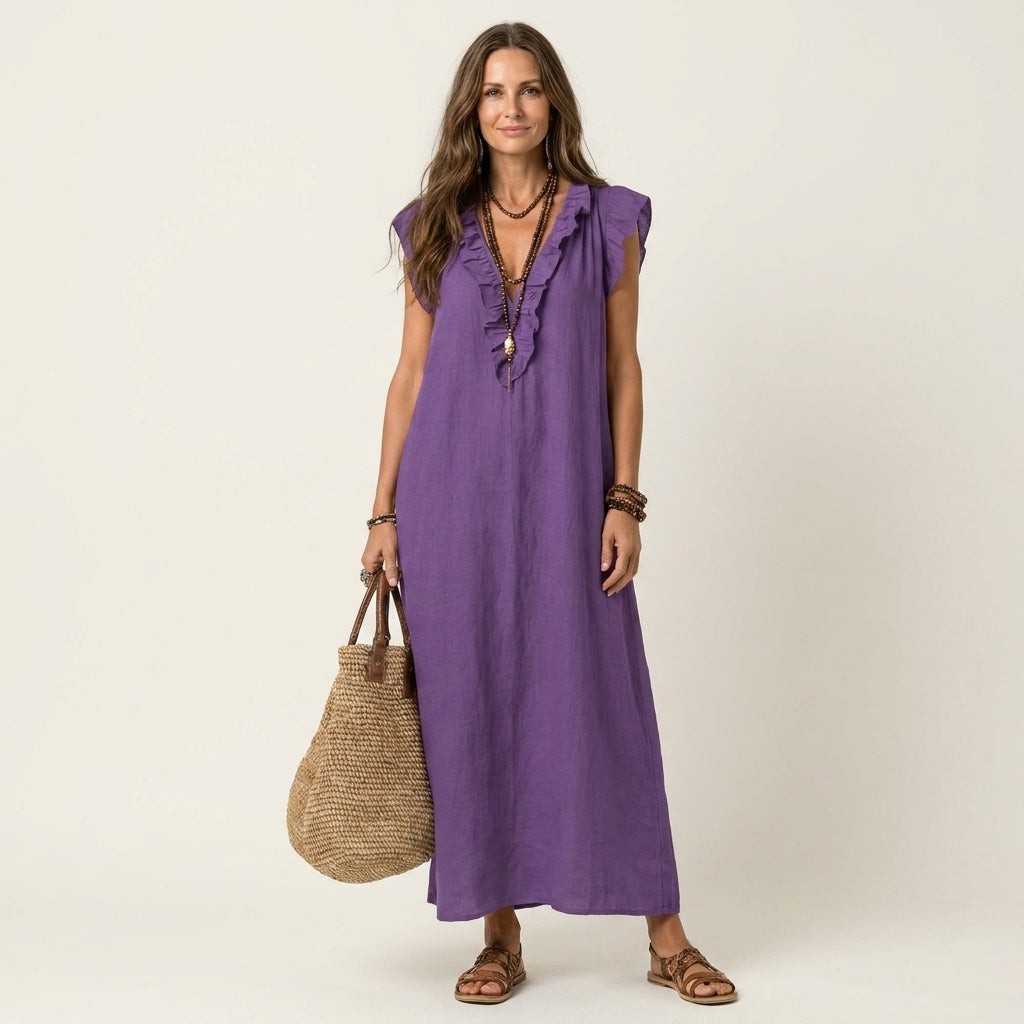 Mia | Ruffle V-Neck Linen Maxi Dress