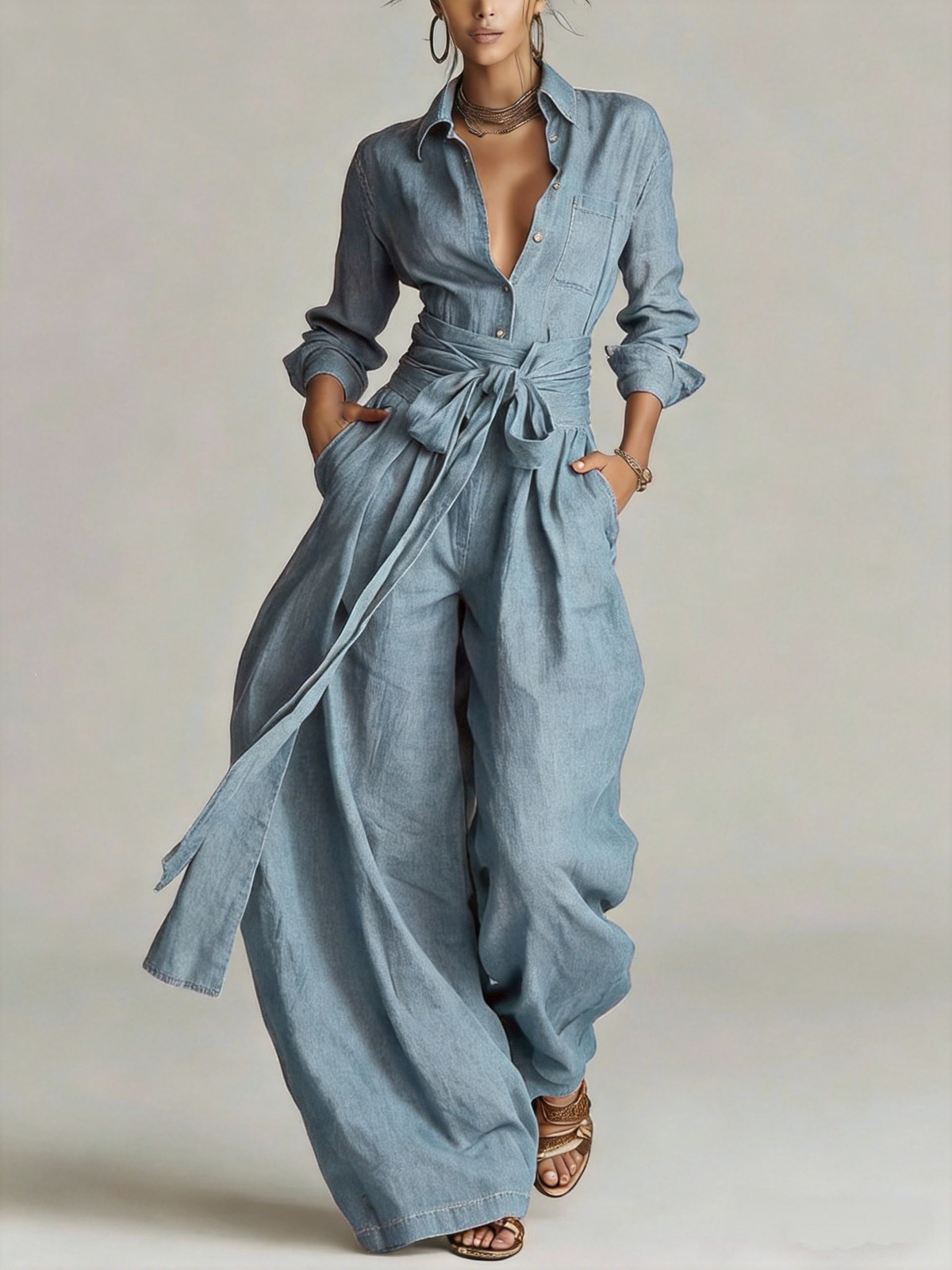 Betty | Tie-Waist Shirt and Wide-Leg Pants Two-Piece Set for Women
