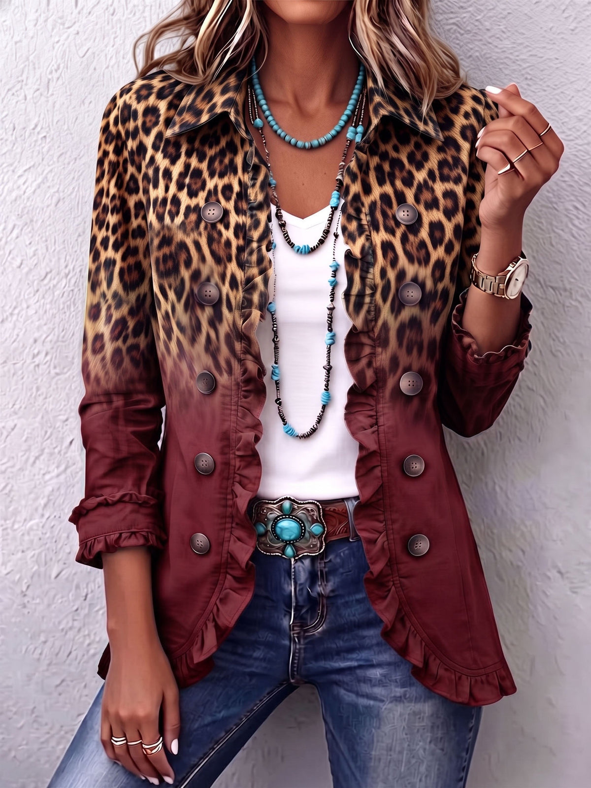 Elspeth | Leopard Ombre Ruffle Blazer Jacket for Women