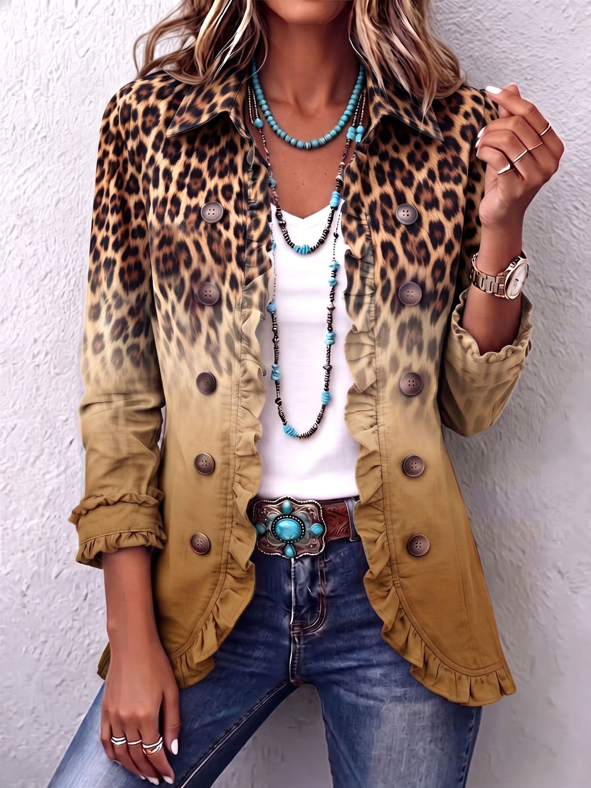 Elspeth | Leopard Ombre Ruffle Blazer Jacket for Women